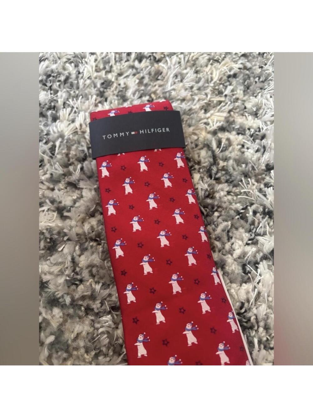 ( Tommy Hilfiger) Festive Red Tie with Snowman Design